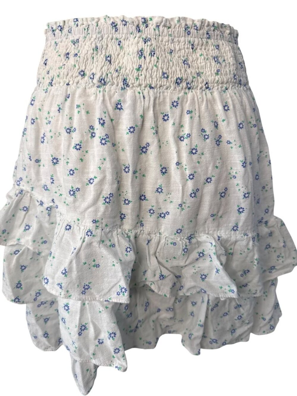 Rochelle Behrens Floral Blue White Ruffled Elastic Waist Skirt Womens M